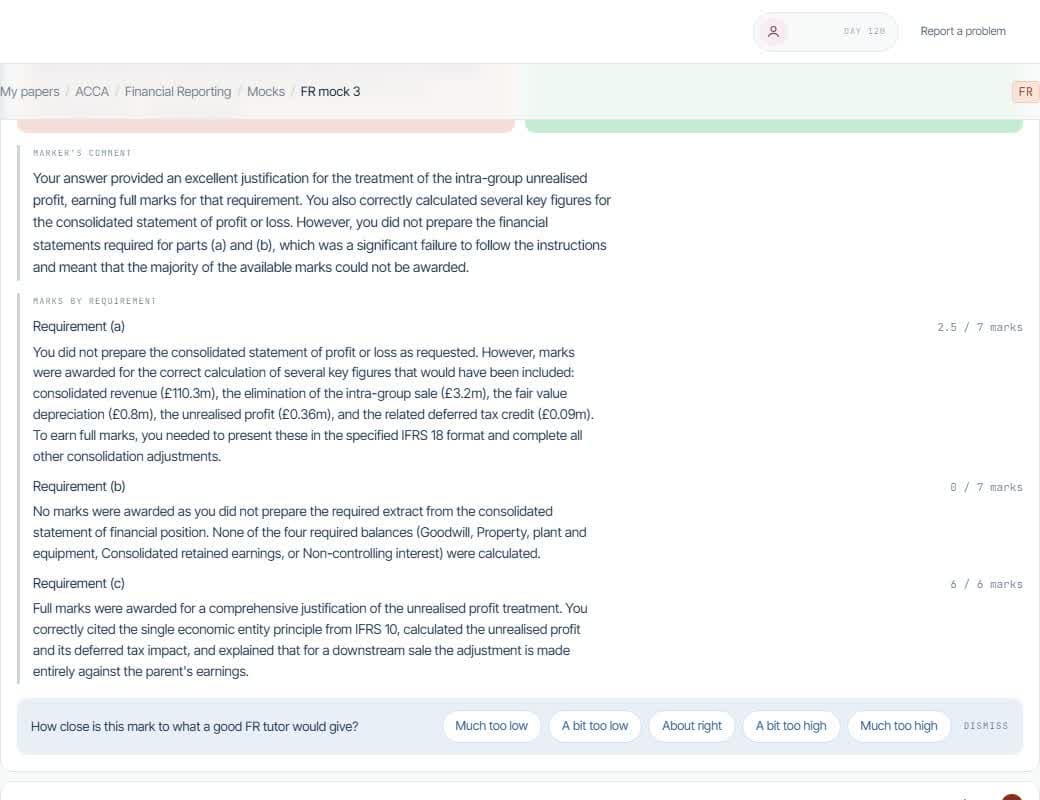 ACCA FR written answer with AI-assessed marks shown by part
