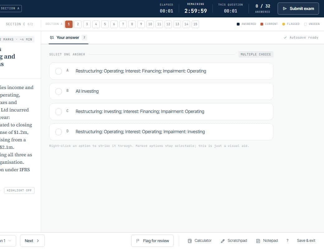 ACCA FR timed mock exam workspace with a visible exam clock